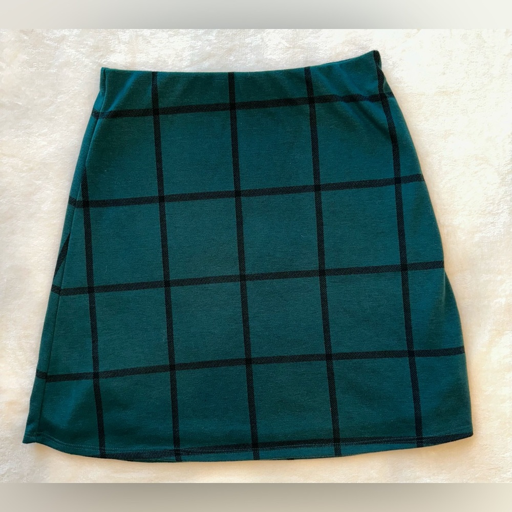 Renee C. Teal Green Windowpane A-Line Skirt